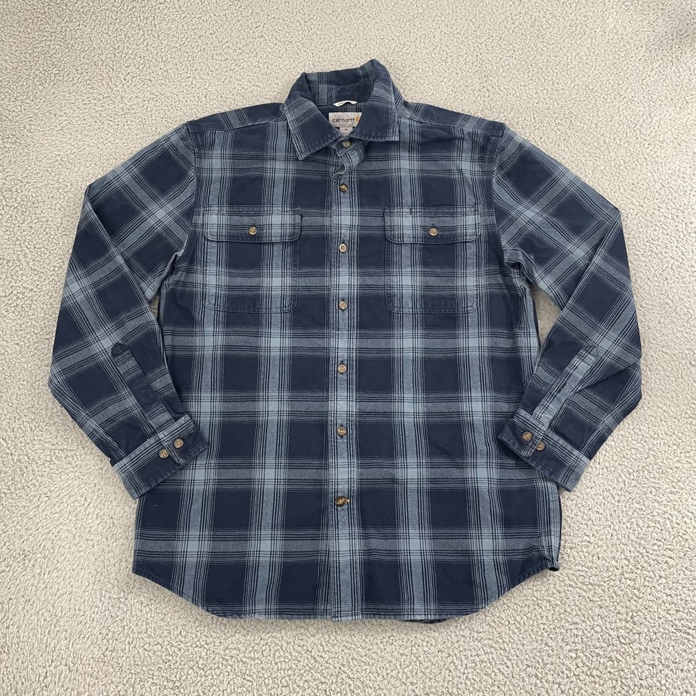 Carhartt Flannel Shirt Men M Navy Plaid Workwear Regular Fit Button Front